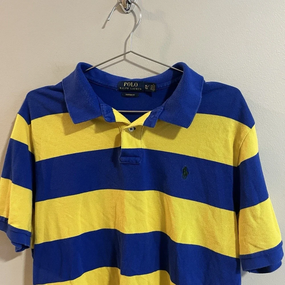 Polo Ralph Lauren Mens XL Polo Shirt Rugby Custom Fit Blue Yellow Stripes Golf